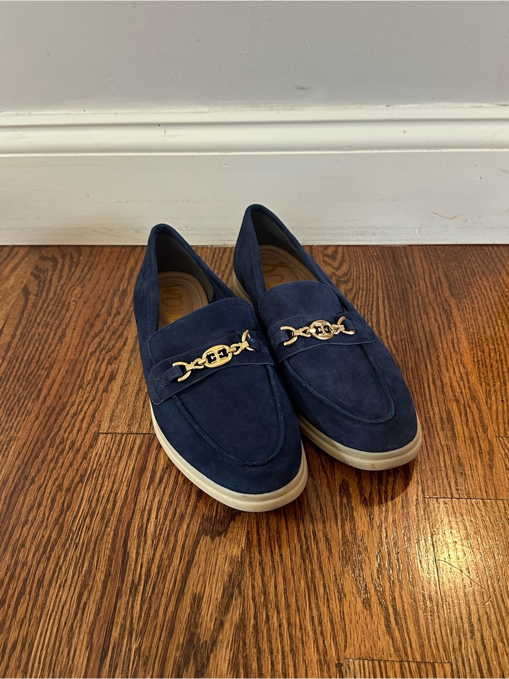 Sam Edelman Navy Suede Loafers with Gold Chain Accent